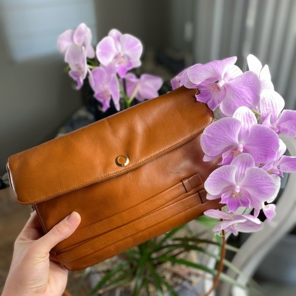Saks Fifth Avenue Cognac Brown Leather Crossbody Clutch